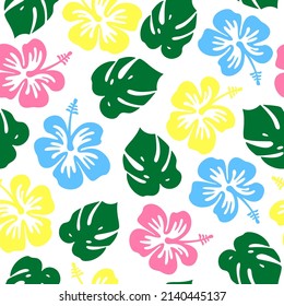 Vector seamless pattern with tropical hibiscus flowers and monstera leaves on white background. Tropical floral colorful background. Blooming Hibiscus vector silhouette, Summer vibe graphic design.