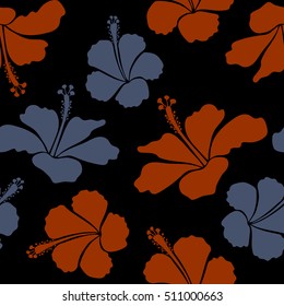 Vector seamless pattern of tropical hibiscus flowers in blue and brown colors with watercolor effect on black background.
