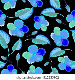 Vector seamless pattern of tropical hibiscus flowers in blue colors with watercolor effect on black background.