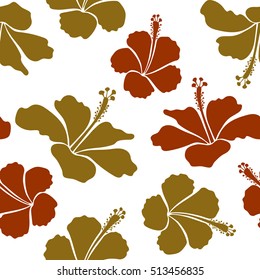 Vector seamless pattern of tropical hibiscus flowers in brown colors with watercolor effect on white background.