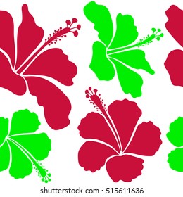 Vector seamless pattern of tropical hibiscus flowers in red and green colors with watercolor effect on white background.