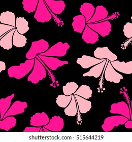 Vector seamless pattern of tropical hibiscus flowers in pink colors with watercolor effect on black background.