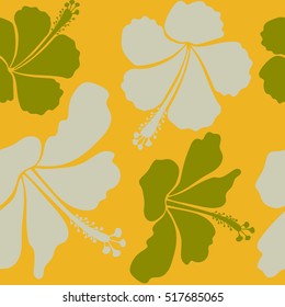 Vector seamless pattern of tropical hibiscus flowers in green, yellow and neutral colors with watercolor effect.