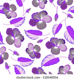 Vector seamless pattern of tropical hibiscus flowers in violet colors with watercolor effect on white background.