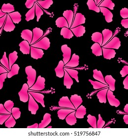 Vector seamless pattern of tropical hibiscus flowers, dense jungle. Hand painted. Pattern in pink and magenta colors with tropic summertime motif may be used as texture, wrapping paper, textile design