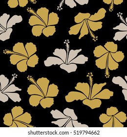 Vector seamless pattern of tropical hibiscus flowers in yellow and neutral colors with watercolor effect on black background.