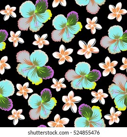 Vector seamless pattern of tropical hibiscus flowers in neutral, orange and beige colors with watercolor effect on black background.