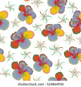 Vector seamless pattern of tropical hibiscus flowers in green, neutral and orange colors with watercolor effect on white background.