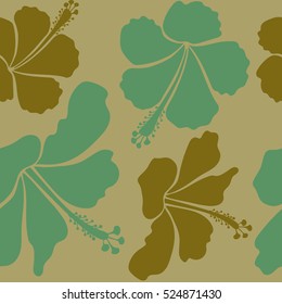 Vector seamless pattern of tropical hibiscus flowers in neutral, green and brown colors with watercolor effect.