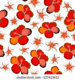 Vector seamless pattern of tropical hibiscus flowers, dense jungle. Hand painted. Pattern inorange and red colors with tropic summertime motif may be used as texture, wrapping paper, textile design.