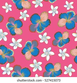 Vector seamless pattern of tropical hibiscus flowers in pink, neutral and yellow colors with watercolor effect.