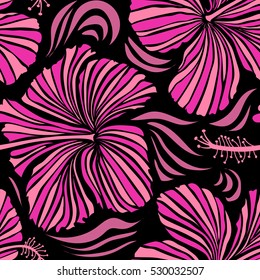 Vector seamless pattern of tropical hibiscus flowers in magenta and pink colors with watercolor effect on black background.