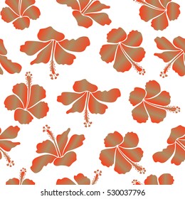 Vector seamless pattern of tropical hibiscus flowers in beige and orange colors with watercolor effect on white background.