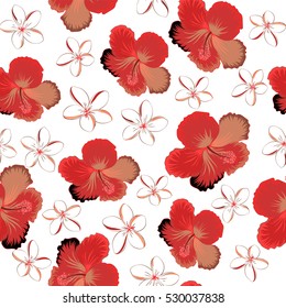 Vector seamless pattern of tropical hibiscus flowers in red, brown and orange colors with watercolor effect on white background.