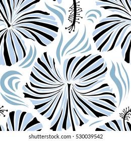 Vector seamless pattern of tropical hibiscus flowers in black and neutral colors with watercolor effect on white background.