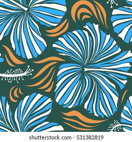 Vector seamless pattern of tropical hibiscus flowers in blue and green colors with watercolor effect.