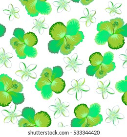 Vector seamless pattern of tropical hibiscus flowers in blue, green and neutral colors with watercolor effect on white background.