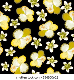 Vector seamless pattern of tropical hibiscus flowers in brown, yellow and neutral colors with watercolor effect on black background.