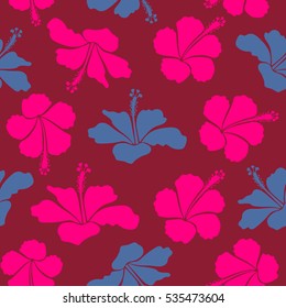 Vector seamless pattern of tropical hibiscus flowers in blue, magenta and red colors with watercolor effect.