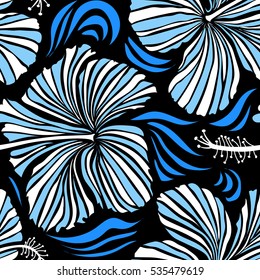 Vector seamless pattern of tropical hibiscus flowers in white and blue colors with watercolor effect on black background.