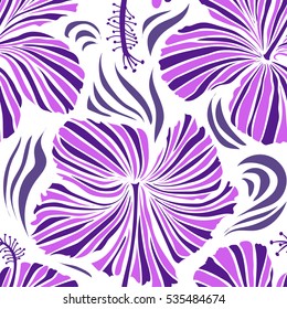 Vector seamless pattern of tropical hibiscus flowers, dense jungle. Hand painted. Pattern in violet colors with tropic summertime motif may be used as texture, wrapping paper, textile design.