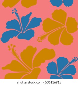 Vector seamless pattern of tropical hibiscus flowers in yellow, pink and blue colors with watercolor effect.