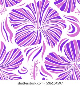 Vector seamless pattern of tropical hibiscus flowers in violet colors with watercolor effect on white background.