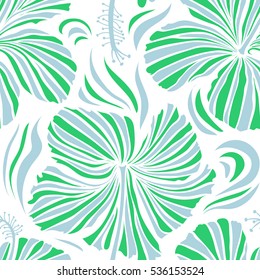 Vector seamless pattern of tropical hibiscus flowers in neutral and green colors with watercolor effect on white background.