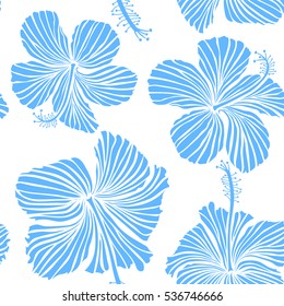 Vector seamless pattern of tropical hibiscus flowers in blue colors with watercolor effect on white background.