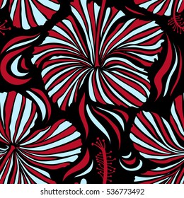 Vector seamless pattern of tropical hibiscus flowers in red and neutral colors with watercolor effect on black background.