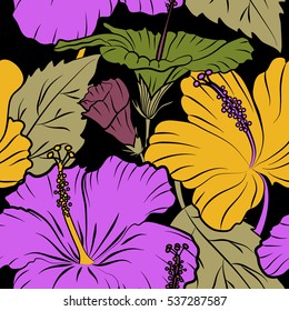 Vector seamless pattern of tropical hibiscus flowers in purple, violet and yellow colors with watercolor effect on black background.