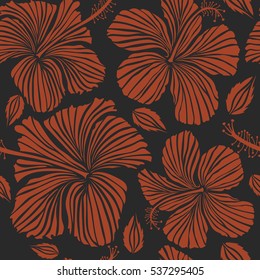 Vector seamless pattern of tropical hibiscus flowers in gray and brown colors with watercolor effect.