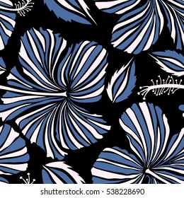Vector seamless pattern of tropical hibiscus flowers in neutral and blue colors with watercolor effect on black background.
