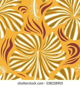 Vector seamless pattern of tropical hibiscus flowers, dense jungle. Hand painted. Pattern in brown and yellow colors with tropic summertime motif may be used as texture, wrapping paper, textile design
