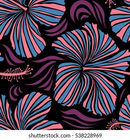 Vector seamless pattern of tropical hibiscus flowers in pink and blue colors with watercolor effect on black background.