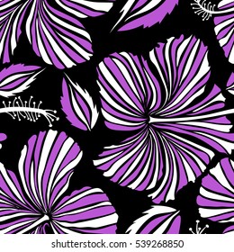 Vector seamless pattern of tropical hibiscus flowers in white and violet colors with watercolor effect on black background.