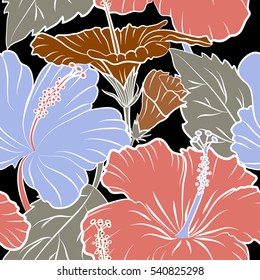 Vector seamless pattern of tropical hibiscus flowers in brown, pink and blue colors with watercolor effect on black background.