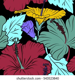 Vector seamless pattern of tropical hibiscus flowers in violet, blue and yellow colors with watercolor effect on black background.