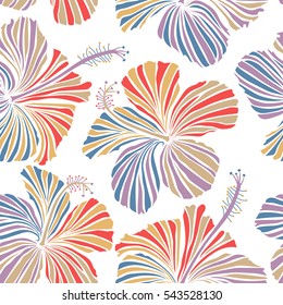 Vector seamless pattern of tropical hibiscus flowers, dense jungle. Hand painted. Pattern in red, beige and violet colors with tropic summertime motif may be used as texture, wrapping paper, textile.