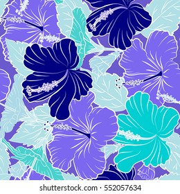 Vector seamless pattern of tropical hibiscus flowers in violet and blue colors with watercolor effect.