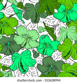 Vector seamless pattern of tropical hibiscus flowers in white and green colors with watercolor effect on white background.