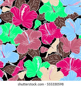 Vector seamless pattern of tropical hibiscus flowers in pink, magenta and green colors with watercolor effect on black background.