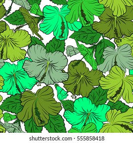 Vector seamless pattern of tropical hibiscus flowers in green colors with watercolor effect on white background.
