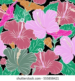 Vector seamless pattern of tropical hibiscus flowers in pink, green and orange colors with watercolor effect on black background.
