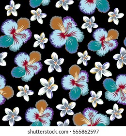 Vector seamless pattern of tropical hibiscus flowers, dense jungle. Hand painted. Pattern in violet and blue colors with tropic summertime motif may be used as texture, wrapping paper, textile design.