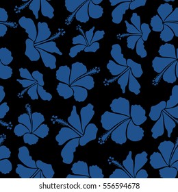 Vector seamless pattern of tropical hibiscus flowers in blue colors with watercolor effect on black background.