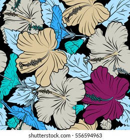 Vector seamless pattern of tropical hibiscus flowers in purple and blue colors with watercolor effect on black background.