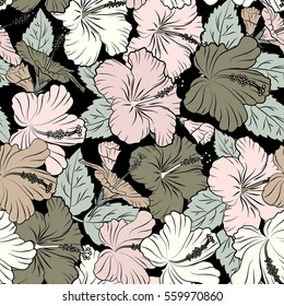 Vector seamless pattern of tropical hibiscus flowers in beige and gray colors with watercolor effect on black background.