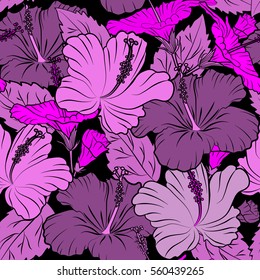 Vector seamless pattern of tropical hibiscus flowers in magenta, violet and purple colors with watercolor effect on black background.