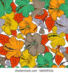 Vector seamless pattern of tropical hibiscus flowers in orange and yellow colors with watercolor effect on white background.